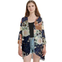 Japanese Wave Koi Illustration Pattern Open Front 3/4 Sleeve Batwing Chiffon Cardigan Kimono