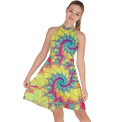 Fractal Spiral Abstract Background Vortex Yellow Sleeveless Halter Neck A-line Dress