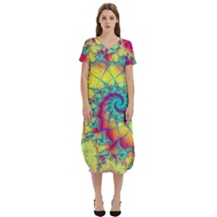 Fractal Spiral Abstract Background Vortex Yellow T-shirt Midi Dress With Pockets