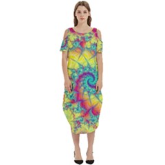 Fractal Spiral Abstract Background Vortex Yellow Cold Shoulder Loose Fit Dress With Pockets by Ket1n9