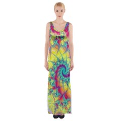 Fractal Spiral Abstract Background Vortex Yellow Thigh Split Maxi Dress