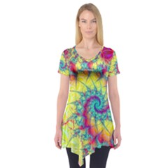 Fractal Spiral Abstract Background Vortex Yellow Short Sleeve Tunic 