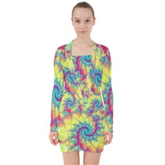 Fractal Spiral Abstract Background Vortex Yellow V-neck Bodycon Long Sleeve Dress