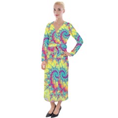 Fractal Spiral Abstract Background Vortex Yellow Velvet Maxi Wrap Dress