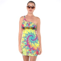 Fractal Spiral Abstract Background Vortex Yellow One Shoulder Ring Trim Bodycon Dress