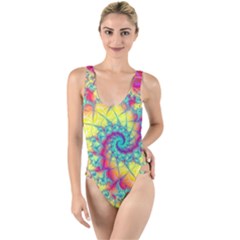 Fractal Spiral Abstract Background Vortex Yellow High Leg Strappy Swimsuit