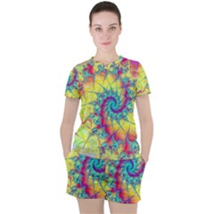 Fractal Spiral Abstract Background Vortex Yellow Women s T-shirt And Shorts Set