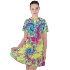 Fractal Spiral Abstract Background Vortex Yellow Short Sleeve Shoulder Cut Out Dress 