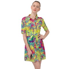 Fractal Spiral Abstract Background Vortex Yellow Belted Shirt Dress