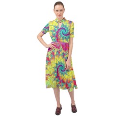 Fractal Spiral Abstract Background Vortex Yellow Keyhole Neckline Chiffon Dress