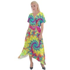 Fractal Spiral Abstract Background Vortex Yellow Cross Front Sharkbite Hem Maxi Dress