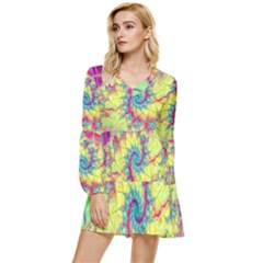 Fractal Spiral Abstract Background Vortex Yellow Tiered Long Sleeve Mini Dress