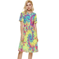 Fractal Spiral Abstract Background Vortex Yellow Button Top Knee Length Dress