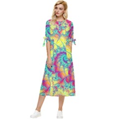 Fractal Spiral Abstract Background Vortex Yellow Bow Sleeve Chiffon Midi Dress