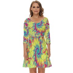 Fractal Spiral Abstract Background Vortex Yellow Shoulder Cut Out Zip Up Dress