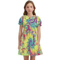 Fractal Spiral Abstract Background Vortex Yellow Kids  Bow Tie Puff Sleeve Dress