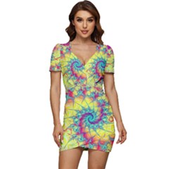 Fractal Spiral Abstract Background Vortex Yellow Low Cut Cap Sleeve Mini Dress