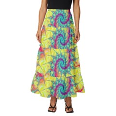 Fractal Spiral Abstract Background Vortex Yellow Tiered Ruffle Maxi Skirt