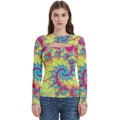 Fractal Spiral Abstract Background Vortex Yellow Women s Cut Out Long Sleeve T-shirt