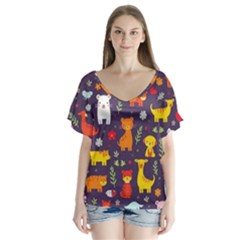 Pet Animal 01 V-neck Flutter Sleeve Top