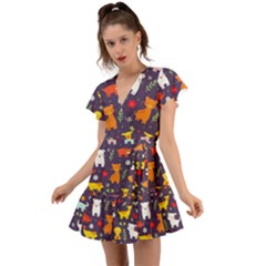 Pet Animal 01 Flutter Sleeve Wrap Dress