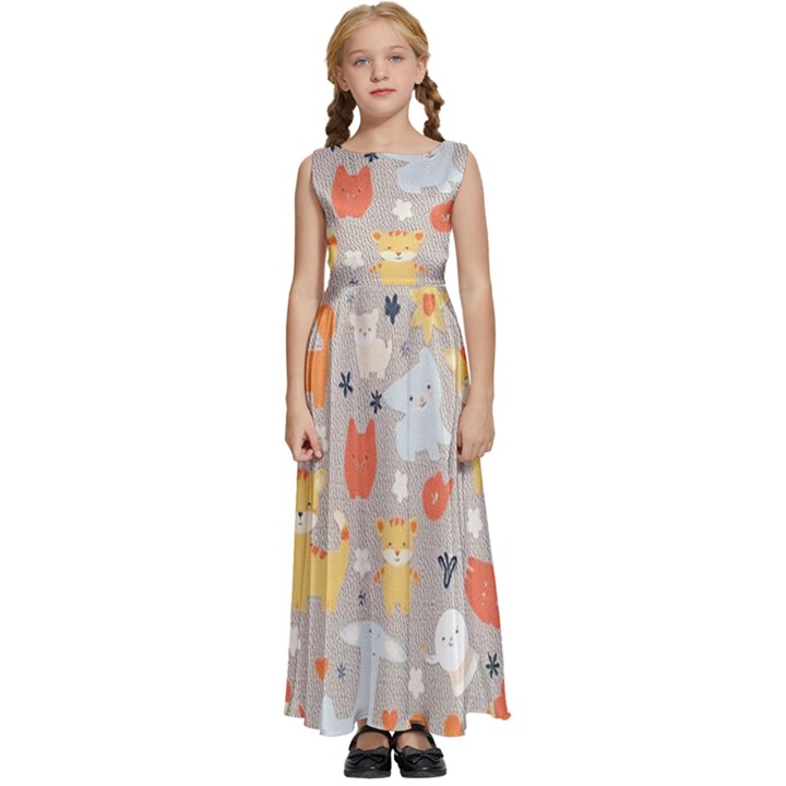 Pet Animal 02 Kids  Satin Sleeveless Maxi Dress