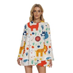 Pet Animal 03 Round Neck Long Sleeve Bohemian Style Chiffon Mini Dress