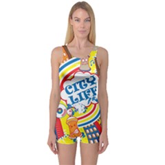 Colorful City Life Horizontal Seamless Pattern Urban City One Piece Boyleg Swimsuit