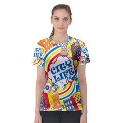 Colorful City Life Horizontal Seamless Pattern Urban City Women s Sport Mesh T-shirt