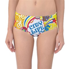 Colorful City Life Horizontal Seamless Pattern Urban City Mid-waist Bikini Bottoms