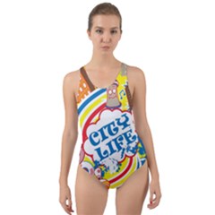 Colorful City Life Horizontal Seamless Pattern Urban City Cut-out Back One Piece Swimsuit