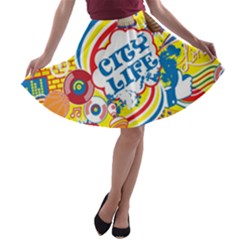 Colorful City Life Horizontal Seamless Pattern Urban City A-line Skater Skirt