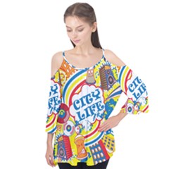 Colorful City Life Horizontal Seamless Pattern Urban City Flutter Sleeve T-shirt