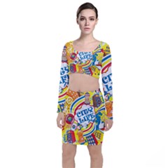 Colorful City Life Horizontal Seamless Pattern Urban City Long Sleeve Crop Top & Bodycon Skirt Set