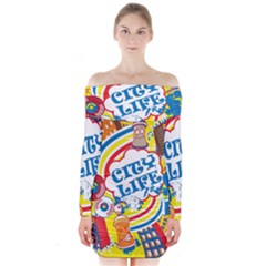 Colorful City Life Horizontal Seamless Pattern Urban City Long Sleeve Off Shoulder Dress