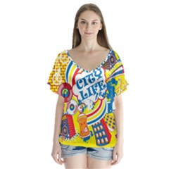 Colorful City Life Horizontal Seamless Pattern Urban City V-neck Flutter Sleeve Top