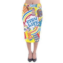 Colorful City Life Horizontal Seamless Pattern Urban City Velvet Midi Pencil Skirt