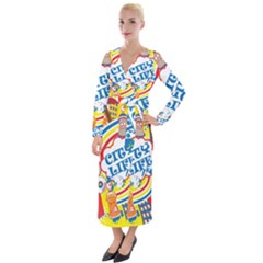 Colorful City Life Horizontal Seamless Pattern Urban City Velvet Maxi Wrap Dress