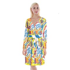 Colorful City Life Horizontal Seamless Pattern Urban City Long Sleeve Velvet Front Wrap Dress