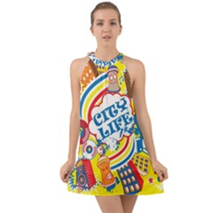 Colorful City Life Horizontal Seamless Pattern Urban City Halter Tie Back Chiffon Dress