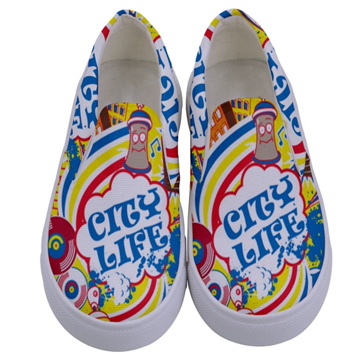 Colorful City Life Horizontal Seamless Pattern Urban City Kids  Canvas Slip Ons