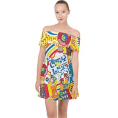 Colorful City Life Horizontal Seamless Pattern Urban City Off Shoulder Chiffon Dress