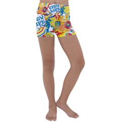 Colorful City Life Horizontal Seamless Pattern Urban City Kids  Lightweight Velour Yoga Shorts