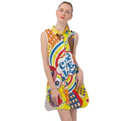 Colorful City Life Horizontal Seamless Pattern Urban City Sleeveless Shirt Dress