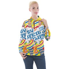 Colorful City Life Horizontal Seamless Pattern Urban City Women s Long Sleeve Pocket Shirt