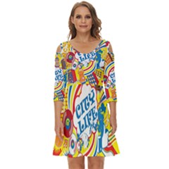 Colorful City Life Horizontal Seamless Pattern Urban City Shoulder Cut Out Zip Up Dress