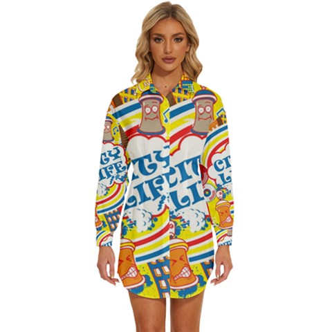 Colorful City Life Horizontal Seamless Pattern Urban City Womens Long Sleeve Shirt Dress by Bedest