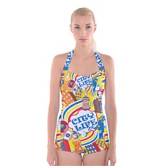 Colorful City Life Horizontal Seamless Pattern Urban City Boyleg Halter Swimsuit 