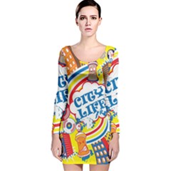 Colorful City Life Horizontal Seamless Pattern Urban City Long Sleeve Velvet Bodycon Dress