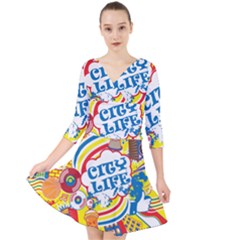 Colorful City Life Horizontal Seamless Pattern Urban City Quarter Sleeve Front Wrap Dress